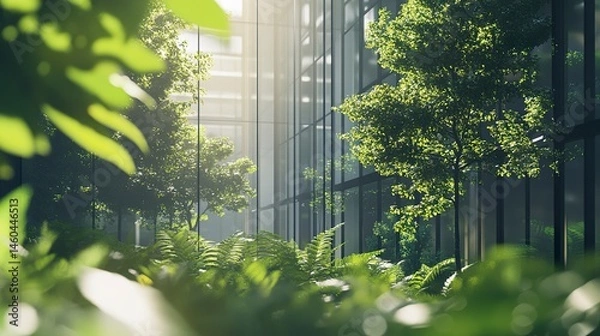 Obraz A contemporary glass office building with lush green trees in the foreground, highlighting the integration of nature and sustainable design in the modern city 