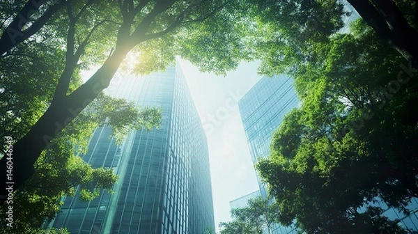Obraz A contemporary glass office building with lush green trees in the foreground, highlighting the integration of nature and sustainable design in the modern city 