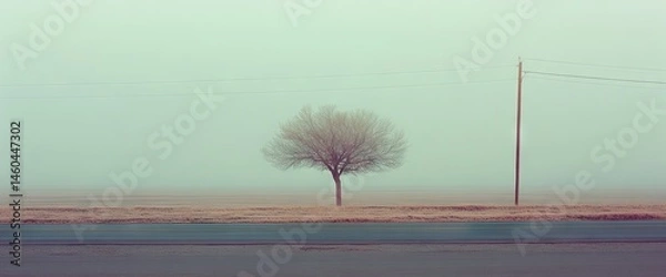 Obraz A solitary tree stands amidst a foggy field near a road with a distant telephone pole
