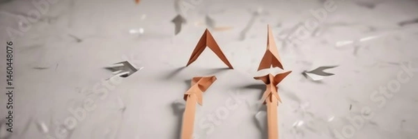 Fototapeta Paper arrows pointing left and right, symbolizing a critical decision , binary, fork in the road