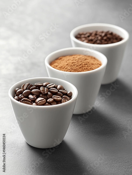 Obraz Coffee preparation. Three white ceramic cups stand in a row on a gray table. Cups with coffee beans, ground coffee and cacao. Menu of a coffee shop, cafe.