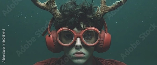 Obraz Boy with antler headpiece and red headphones submerged in murky water gazes forward