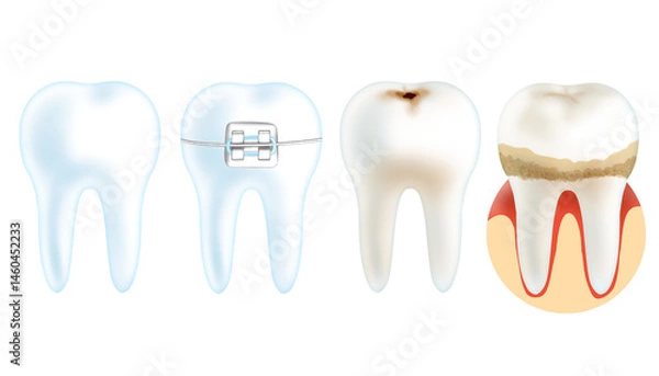 Fototapeta Many types of teeth are isolated on a transparent background, including healthy teeth, oral health, and resin composite filling. 