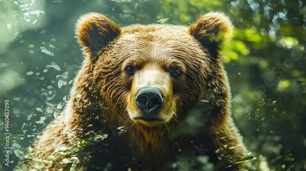 Fototapeta Double exposure art of a brown bear superimposed with a forest conservation scene.