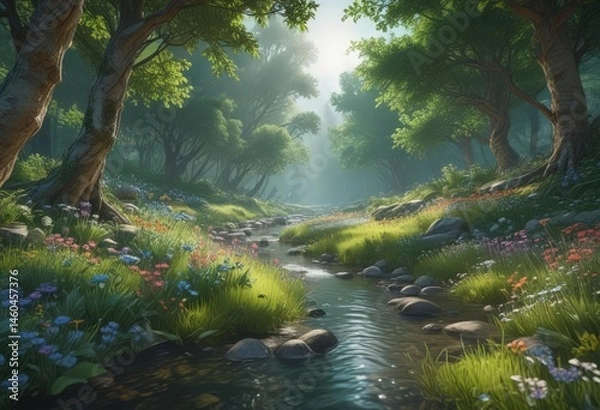 Obraz Emerald canopy, vibrant wildflowers, crystal stream flows ,  spring,  photography,  plants
