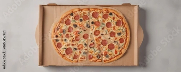Obraz Flat lay pizza box mockup, corrugated cardboard die-cut template on white ,  layout,  carton