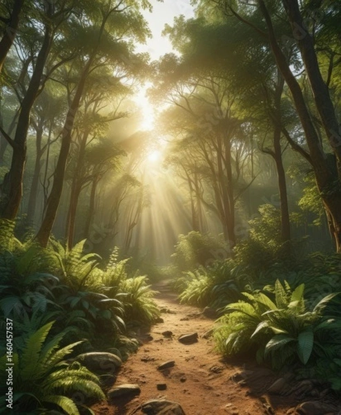 Obraz Golden sunlight streams through lush green canopy, illuminating forest floor ,  tranquil,  peaceful,  art