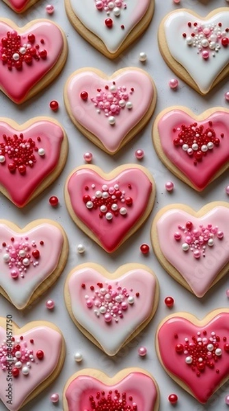 Fototapeta Colorful heart-shaped sugar cookies decorated with pink and white icing and sprinkles arranged in a neat pattern, perfect for Valentine’s Day themes, backgrounds, and festive designs

