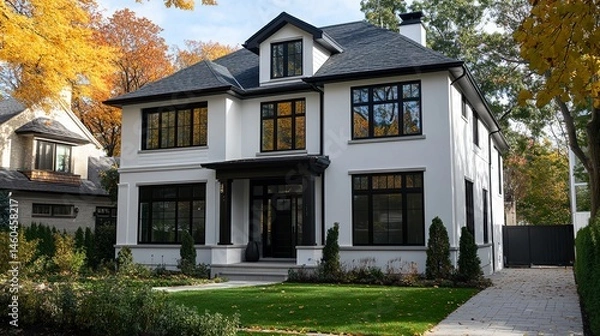 Obraz A newly constructed detached home with sleek white walls, black-framed windows, and a spacious front yard, combining modern aesthetics with a warm and welcoming atmosphere 