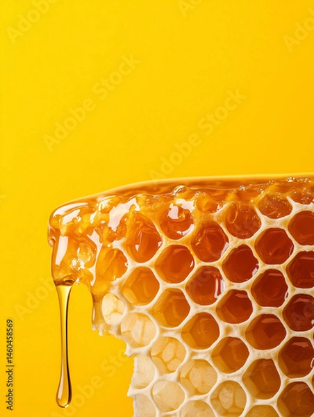 Obraz Sweet fragrant honey, honeycomb on a yellow background. Honey flows from the honeycomb. Copyspace for your text. Delicious natural healthy dessert.