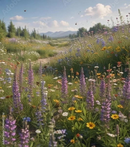 Obraz Dense border of blooming wildflowers, buzzing bees, butterflies ,  butterfly,  colorful,  pollen