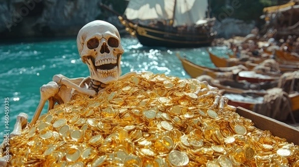 Obraz Skeleton's Golden Treasure by the Sea: A Pirate's Bounty