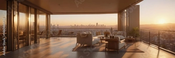 Obraz Golden hour light streams into a lavish high-rise condo, highlighting its stylish decor and expansive balcony , view, contemporary, condo balcony