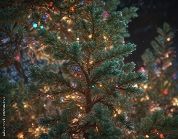 Obraz Frosty pine boughs interwoven with colorful Christmas lights ,  pine tree,  bright