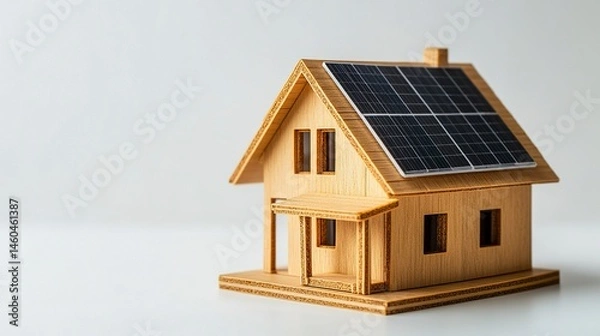Obraz A compact house model featuring a solar panel on its roof, placed on a clean white backdrop to emphasize the concept of eco-friendly and energy-efficient living 