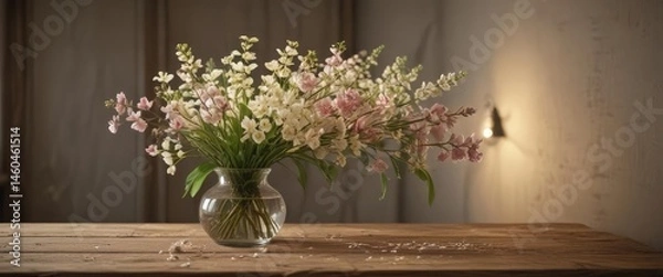 Obraz Delicate spring bouquet on rustic wooden table, glowing lamp adds warmth,  arrangement, spring,  lamp