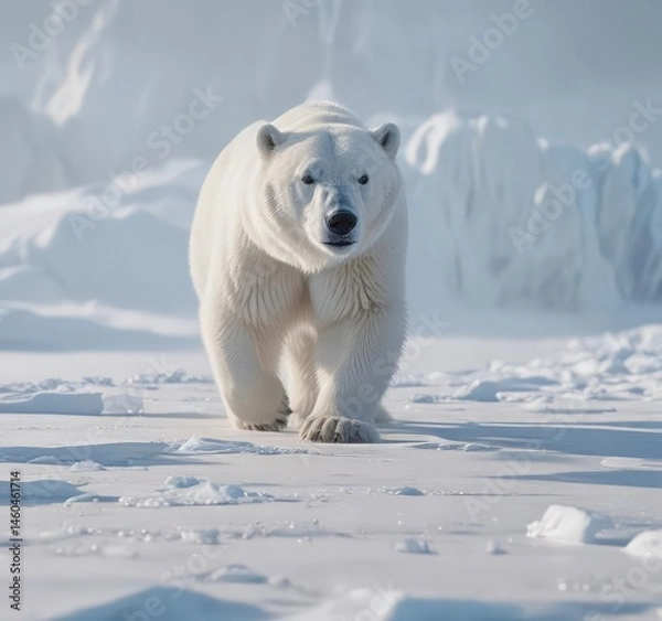Obraz A ghostly white polar bear hunts on a pristine ice sheet  ,  white fur,  winter,  fauna
