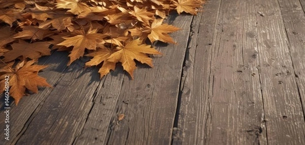 Obraz Crisp maple leaves on weathered wood planks, sunlit ,  orange,  fall,  autumn colors