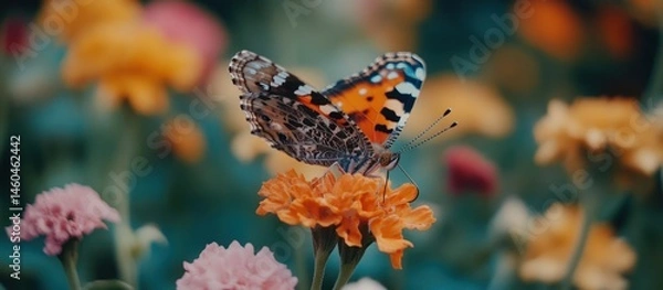 Fototapeta Painted Lady butterfly resting on vivid blossoms in a tranquil garden scene