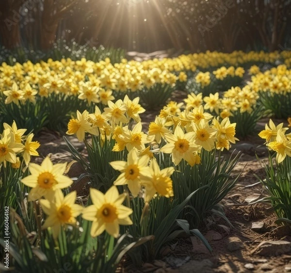 Obraz Dense cluster of daffodils basking in sunlight, daffodil,  nature,  rural