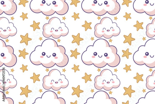 Fototapeta Cute Kawaii Cloud and Star Seamless Pattern. Adorable kawaii cloud and star seamless pattern perfect for baby products, kids fabric, and cute backgrounds. eps10