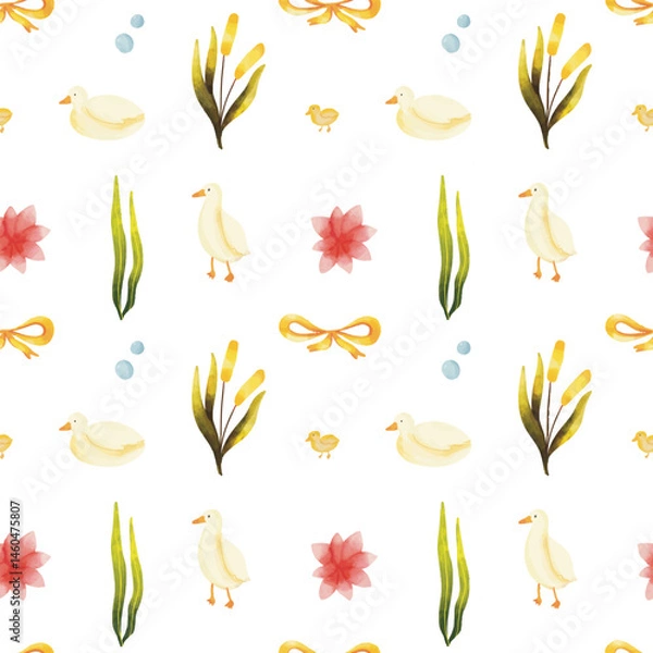 Fototapeta Hand drawn watercolor cute duck Seamless Pattern,  Watercolor seamless pattern with cute duck. Hand drawn cute  animals watercolor seamless pattern