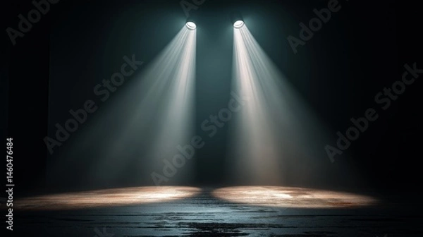 Fototapeta Spotlight's Aura: Two brilliant spotlights pierce the darkness, casting a dramatic illumination and evoking a sense of anticipation and mystery, creating a captivating play of light and shadow.