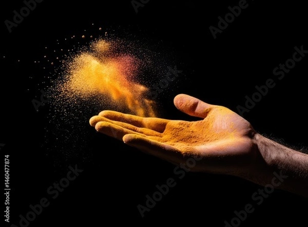 Fototapeta Colorful Holi powder explosion from hand on black background, vibrant festival of colors celebration with flying paint dust, isolated on white studio backdrop