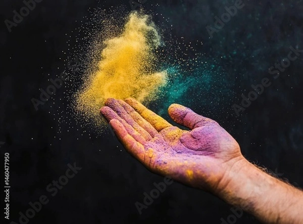 Fototapeta Colorful Holi powder explosion from hand on black background, vibrant festival of colors celebration with flying paint dust, isolated on white studio backdrop