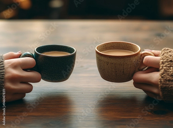 Fototapeta Two friends holding two coffee cups at cozy cafe table, warm beverage moment with hands touching mugs in inviting coffee shop interior