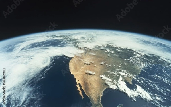 Fototapeta Planet Earth from Space Showing South America and Africa with Sunlight and Atmospheric Clouds. Global View of Earth’s Horizon in Outer Space with Natural Illumination