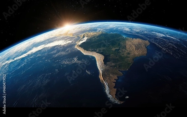 Fototapeta Planet Earth from Space Showing South America and Africa with Sunlight and Atmospheric Clouds. Global View of Earth’s Horizon in Outer Space with Natural Illumination