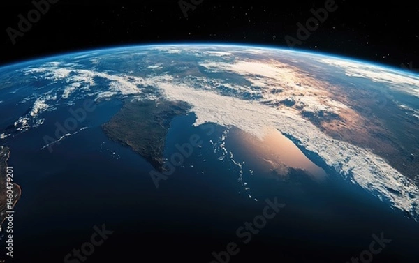 Fototapeta Planet Earth from Space Showing South America and Africa with Sunlight and Atmospheric Clouds. Global View of Earth’s Horizon in Outer Space with Natural Illumination