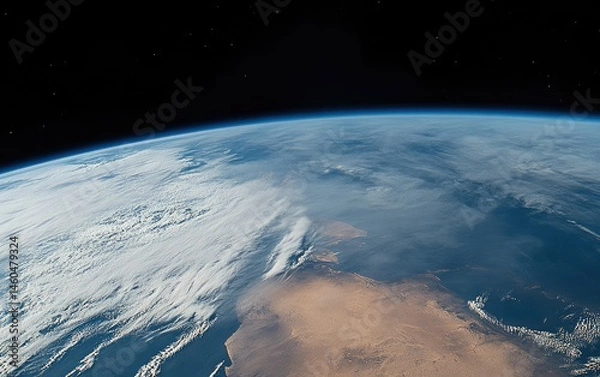 Fototapeta Planet Earth from Space Showing South America and Africa with Sunlight and Atmospheric Clouds. Global View of Earth’s Horizon in Outer Space with Natural Illumination