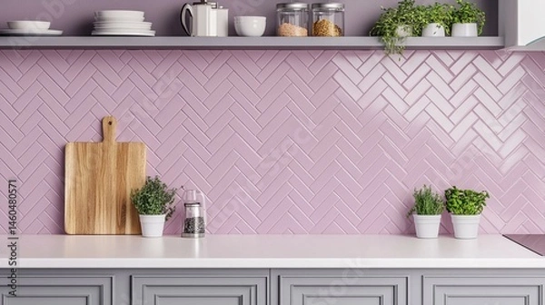 Obraz Stylish Kitchen With Herringbone Backsplash And Modern Accents