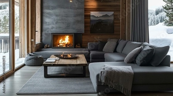 Obraz Cozy Chalet Interior With Fireplace And Mountain View