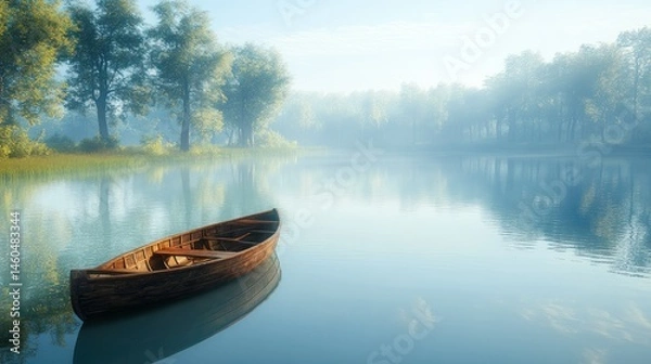 Fototapeta Serene peaceful lake landscape with calm water reflecting trees and sky du morning mist with wooden boat resting on tranquil surface in nature setting