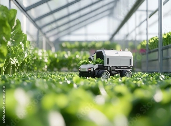 Fototapeta Smart Farm Greenhouse with Robotic Arms Harvesting Lettuce and Automated Cart Surrounded by Green Vegetables in High-Tech Agricultural Research Facility