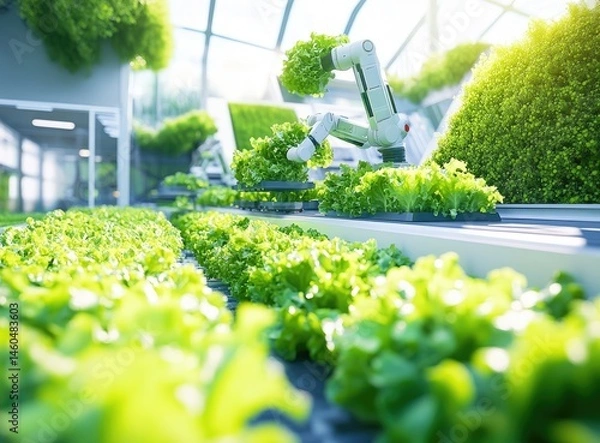 Fototapeta Smart Farm Greenhouse with Robotic Arms Harvesting Lettuce and Automated Cart Surrounded by Green Vegetables in High-Tech Agricultural Research Facility