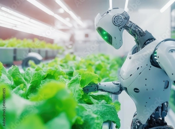 Fototapeta Smart Farm Greenhouse with Robotic Arms Harvesting Lettuce and Automated Cart Surrounded by Green Vegetables in High-Tech Agricultural Research Facility