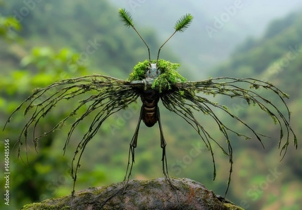 Obraz Uniquely Designed Insect Featuring Moss and Foliage in a Lush Green Environment Surrounded by Misty Fog in a Mountainous Landscape