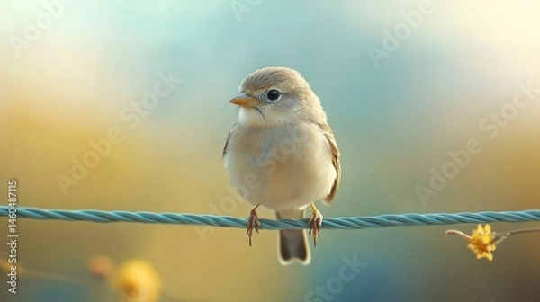 Fototapeta A serene bird portrait: Innocence captured on a cable perch with soft background