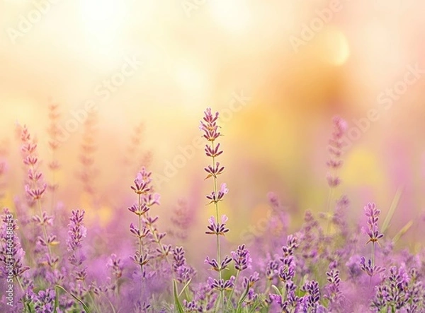 Fototapeta Dreamy Lavender Flower Field in Summer with Blurred Background, Soft Pastel Colors, and Purple Sky for Natural Landscape or Wellness Background Design