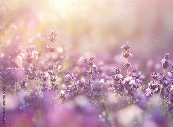 Fototapeta Summer lavender field with purple flowers in bloom, soft pastel colors of nature, blurred natural landscape background, serene Provence-style meadow scene