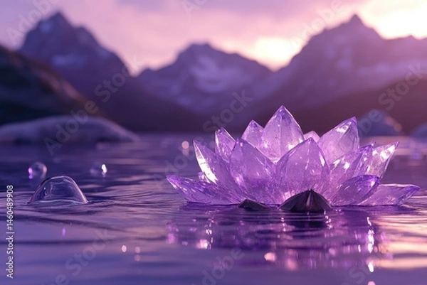 Fototapeta 3D Render of Crystal Lotus Flower Floating on Reflective Water with Glowing Light Effects, Purple Mountains, and Cinematic Octane Rendering in Vibrant Colors