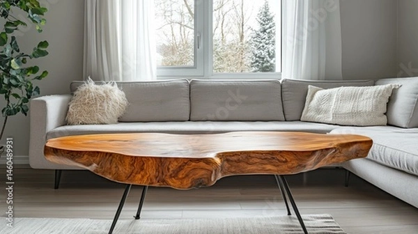 Obraz Modern Living Room With Unique Wooden Table And Minimalist Decor
