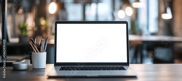 Fototapeta Transparent PNG Laptop Cutout in Office Corner with Space for Personalized Branding and Advertisement Text