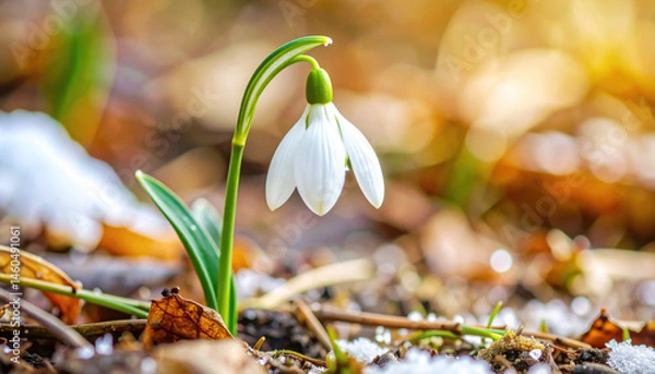 Fototapeta Delicate Snowdrop Flower Emerging from Ground in Springtime Glow