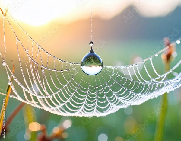 Fototapeta Dewdrop in Spiderweb with Sunrise Background and Nature Elements