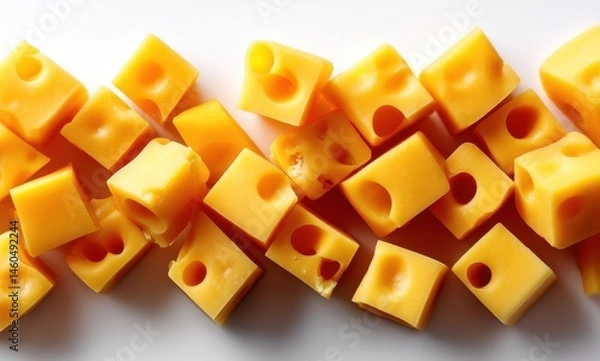 Obraz Yellow cheese cubes scattered on a white surface, showcasing texture and holes, ideal for culinary themes and food-related projects.
